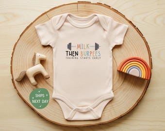 Milk Then Burpees Baby Onesie®, Funny Baby Gym Bodysuit, Workout Baby Outfit, Fitness Baby Clothes, Baby Shower Gift Idea, Cute Onesie®