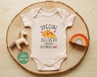 Custom Special Delivery Pizza Baby Announcement Onesie®, Personalized Baby Bodysuit, Pregnancy Surprise Ideas Reveal Onesie®, Best Baby Gift