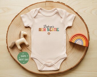 Custom Dog New Bestie Baby Bodysuit, Personalized Pet Baby Onesie®, Funny New Baby Outfit, Retro Dog Lover Onesie®, Baby Shower Gift
