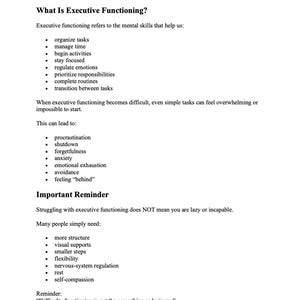 Pu&ograve; includere: Una pagina bianca con il titolo "UNDERSTANDING EXECUTIVE FUNCTIONING" e punti elenco che spiegano la funzione esecutiva, le sue sfide e i promemoria. Il testo include elenchi di competenze, potenziali problemi e soluzioni.