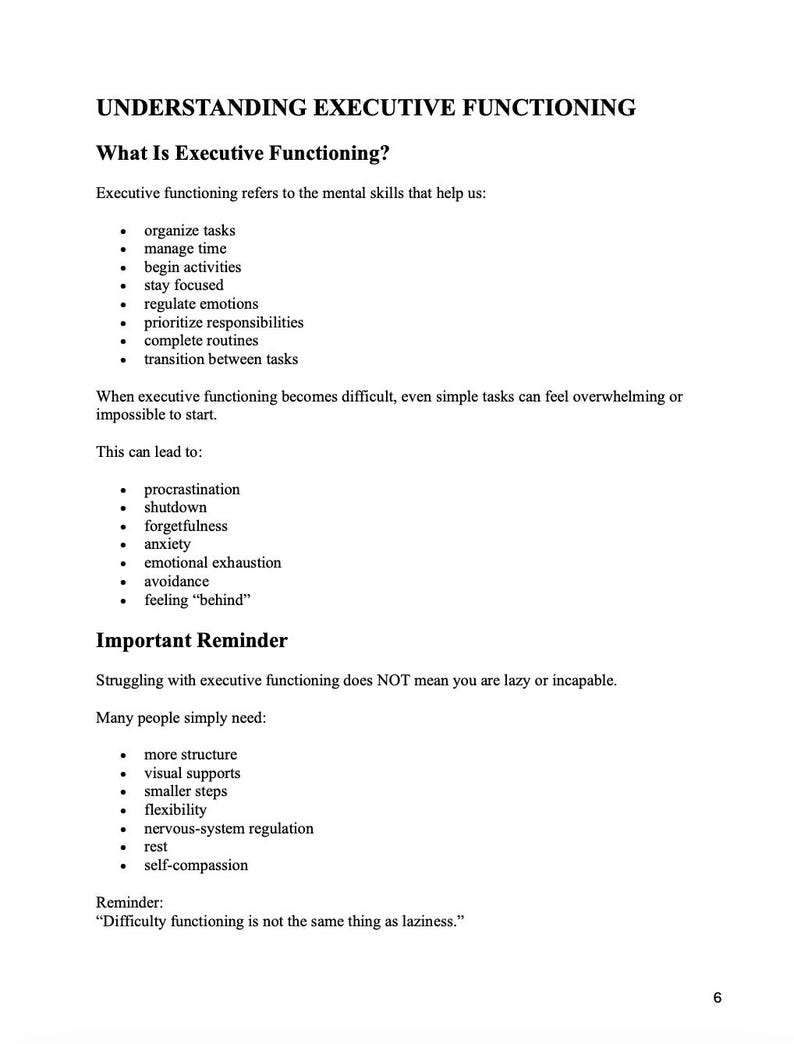 Pu&ograve; includere: Una pagina bianca con il titolo "UNDERSTANDING EXECUTIVE FUNCTIONING" e punti elenco che spiegano la funzione esecutiva, le sue sfide e i promemoria. Il testo include elenchi di competenze, potenziali problemi e soluzioni.