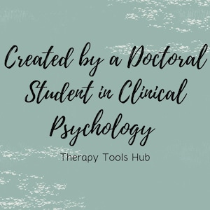 Pu&ograve; includere: Uno sfondo verde acqua con pennellate bianche e accenti di foglie verdi. Il testo recita "Created by a Doctoral Student in Clinical Psychology" e "Therapy Tools Hub" in corsivo nero.