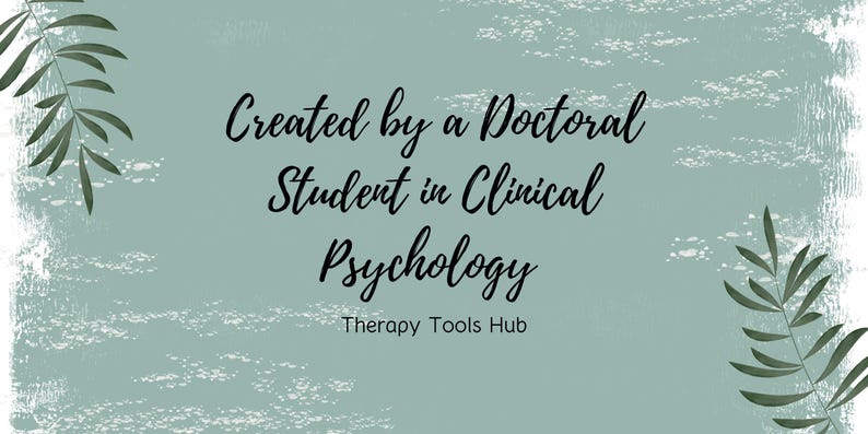 Pu&ograve; includere: Uno sfondo verde acqua con pennellate bianche e accenti di foglie verdi. Il testo recita "Created by a Doctoral Student in Clinical Psychology" e "Therapy Tools Hub" in corsivo nero.