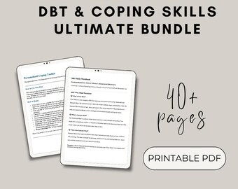 Könnte beinhalten: Digitalgrafik mit dem Text "DBT & COPING SKILLS ULTIMATE BUNDLE" und "Therapy Tools Hub". Das Bild zeigt zwei Tablets mit Arbeitsblättern, mit dem Text "40+ Seiten" und "PRINTABLE PDF".