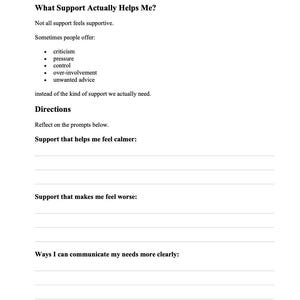 Pu&ograve; includere: Una pagina bianca con il titolo "COMPRENDERE IL SUPPORTO UTILE" e la domanda "Cosa mi aiuta davvero?". La pagina elenca i tipi di supporto non utili e domande per l'autoriflessione, tra cui "Supporto che mi aiuta a sentirmi pi&ugrave; calmo:" e "Modi in cui posso comunicare pi&ugrave; chiaramente le mie esigenze:"