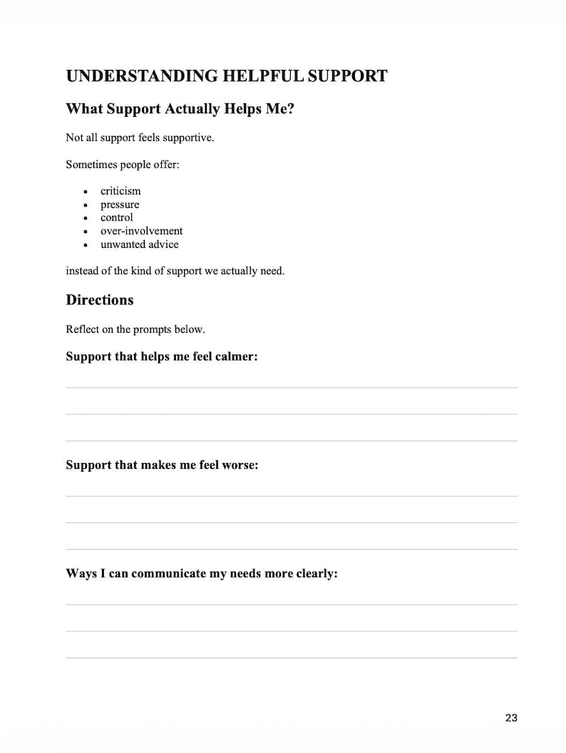 Pu&ograve; includere: Una pagina bianca con il titolo "COMPRENDERE IL SUPPORTO UTILE" e la domanda "Cosa mi aiuta davvero?". La pagina elenca i tipi di supporto non utili e domande per l'autoriflessione, tra cui "Supporto che mi aiuta a sentirmi pi&ugrave; calmo:" e "Modi in cui posso comunicare pi&ugrave; chiaramente le mie esigenze:"