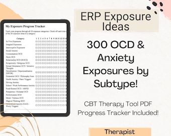 May include: A digital tablet displays a progress tracker with categories like "In-Vivo Exposures" and "Social Anxiety." Text reads "ERP Exposure Ideas" and "300 OCD & Anxiety Exposures by Subtype!" A CBT therapy tool PDF is included.