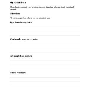 Pu&ograve; includere: Una pagina bianca con il titolo "WHEN I FEEL STUCK" e il sottotitolo "My Action Plan". La pagina include spunti per l'autoriflessione, come "Segni che mi sto spegnendo", "Cosa mi aiuta di solito a regolare" e "Persone sicure che posso contattare".
