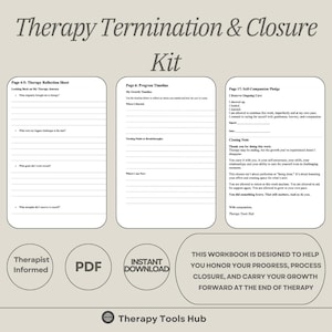 Op de afbeelding: Een therapie-beëindigings- en afsluitingskit met werkbladen en een zelfcompassie-belofte. De kit bevat een reflectieblad, een voortgangstijdlijn en een afsluitingsnotitie. De tekst zegt "Direct downloaden".