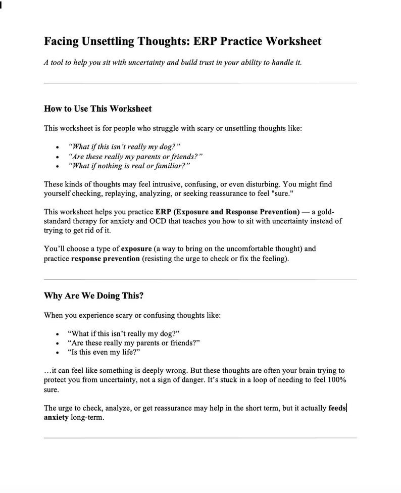 Derealization Worksheet.pdf Facing Unsettling Thoughts: ERP Worksheet for Derealization, OCD ...