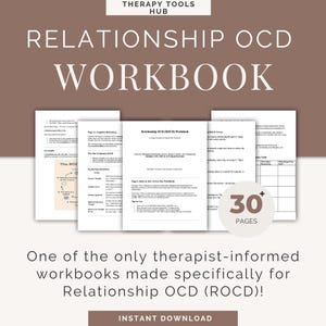 Op de afbeelding: Een werkboek getiteld "Relationship OCD Workbook" met de tekst "Therapy Tools Hub" bovenaan. Het werkboek heeft 30+ pagina's en is ontworpen voor Relationship OCD (ROCD). De woorden "Instant Download" staan onderaan.