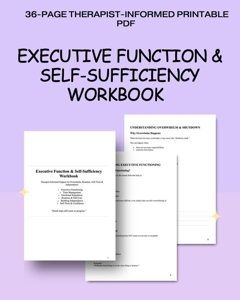 Pu&ograve; includere: Un quaderno PDF stampabile intitolato "Executive Function & Self-Sufficiency Workbook". La copertina mostra il titolo e un elenco di argomenti. Il quaderno, progettato da un terapista, contiene 36 pagine.