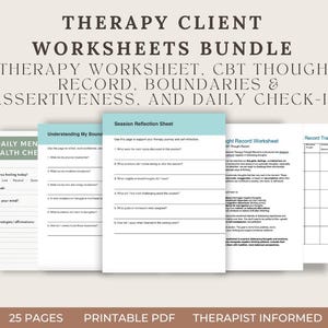 May include: A bundle of printable therapy worksheets. The worksheets include CBT thought records, boundaries, assertiveness, and daily check-in sheets. The text on the image reads "Therapy Client Worksheets Bundle" and "Printable PDF".
