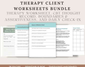 May include: A bundle of printable therapy worksheets. The worksheets include CBT thought records, boundaries, assertiveness, and daily check-in sheets. The text on the image reads "Therapy Client Worksheets Bundle" and "Printable PDF".