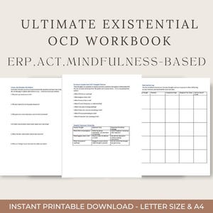Op de afbeelding: Een afdrukbaar werkboek met de titel "ULTIMATE EXISTENTIAL OCD WORKBOOK" en de ondertitel "ERP.ACT.MINDFULNESS-BASED". Het werkboek bevat werkbladen en een gedachtenlogboek. De onderkant van de afbeelding luidt "INSTANT PRINTABLE DOWNLOAD - LETTER SIZE & A4".