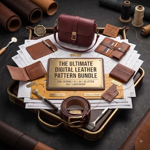 Può includere: Una collezione di articoli per la lavorazione della pelle che include una borsa a tracolla bordeaux, una cintura in pelle marrone, portafogli e cartamodelli. Una targa dorata centrale recita: THE ULTIMATE DIGITAL LEATHER PATTERN BUNDLE, 200+ DESIGNS | A1 | A4 | US LETTER, SVG | LASER READY.