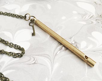 Heart Key Pendant Necklace with Brass Whistle #007