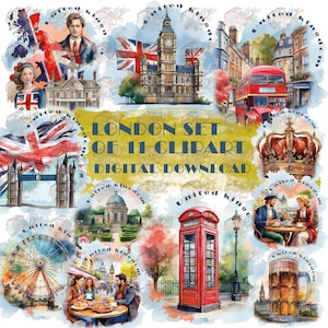 Watercolor Clipart,London Clipart,Big Ben Tower Bridge,England British UK Clipart,Sticker Scrapbooking,11 British Landmarks,DIGITAL DOWNLOAD