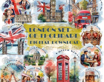 Watercolor London Clipart: British Landmarks, Big Ben, Tower Bridge (Digital Download)