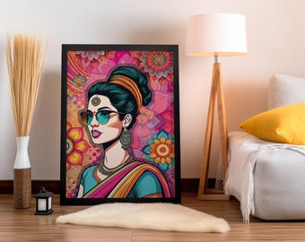 Boho Indian Woman Printable Wall Art, Colorful Mandala Portrait Poster, Instant Download
