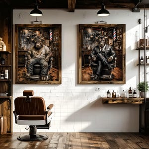 Pode incluir: Dois quadros de parede emoldurados retratando um touro em uma barbearia, um vestindo roupas casuais e o outro um terno, exibidos acima de uma cadeira de barbeiro de couro marrom em uma sala com paredes de tijolos brancos e prateleiras de madeira.