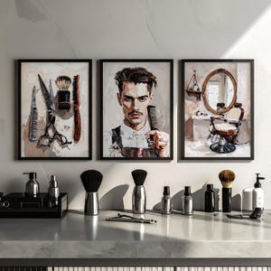 3 oljemålningar, barberare, posters | Vintage väggkonst för herrfrisörsalong (nedladdning direkt)