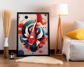 May include: Framed art print featuring a vibrant red and white koi fish swimming in a stylized aquatic scene. The artwork includes blue and white circular elements, red floral accents, and a black frame. The print is displayed on a wooden floor.