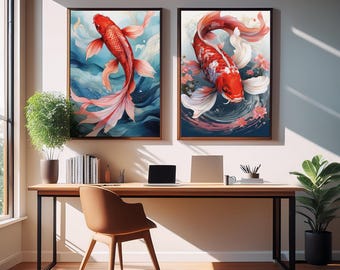 Koi Fish Print Set Of 2: Japanese Wall Art, Instant Download