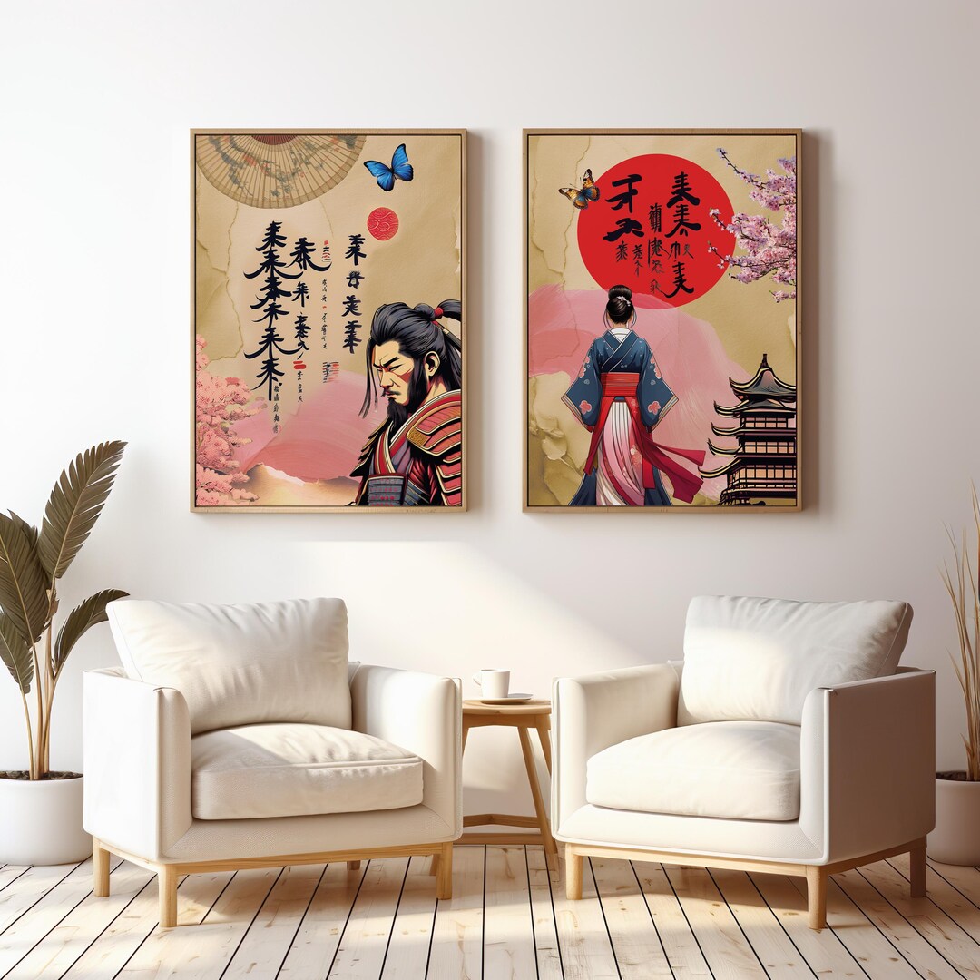 Japanese Samurai & Geisha Wall Art Set of 2, Zen Japan Decor, Instant ...