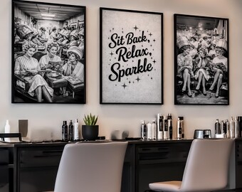 Hair Salon Wall Art Set of 3, Retro Poster, Black and White Prints, Instant Download
