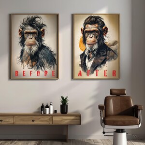 Barber Shop Monkey Poster Set med 2 | Rolig herrfrisyr Väggkonst | Digital nedladdning