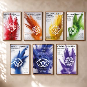 May include: A set of seven rectangular wall art prints featuring the seven chakras. Each print displays a vibrant coloured powder explosion, a white geometric chakra symbol, and descriptive text including the chakra name, colour, and traits.