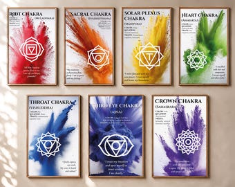 May include: A set of seven rectangular wall art prints featuring the seven chakras. Each print displays a vibrant coloured powder explosion, a white geometric chakra symbol, and descriptive text including the chakra name, colour, and traits.