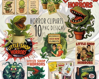 Puede incluir: Una colección de 10 diseños digitales de clipart de Little Shop of Horrors que muestran la planta carnívora Audrey II en varias macetas, ilustraciones de personajes y letreros temáticos con texto como Feed Me y Mushnik's Skid Row Florists.