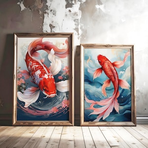 Juego de 2 impresiones de peces koi: arte mural japonés, descarga instantánea