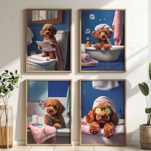 Konsttryck med Cavapoo hund och badrum, lekfull valpdekor (nedladdning direkt)