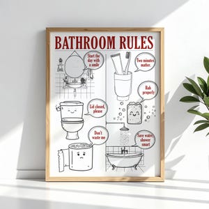 Puede incluir: Un cartel enmarcado con las palabras "BATHROOM RULES" en rojo. Las ilustraciones en blanco y negro representan accesorios y hábitos de baño, con bocadillos de texto.