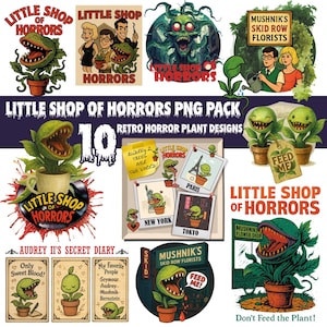 Könnte beinhalten: Eine Sammlung von Illustrationen im Retro-Stil zum Thema 'Der kleine Horrorladen'. Die Designs zeigen die fleischfressende Pflanze, Charaktere und den Titeltext. Die Farbpalette ist lebendig, mit Grün-, Rot- und Brauntönen.