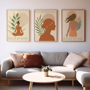 Zestaw 3 grafik ściennych w stylu boho, inspirujące cytaty, neutralne pastelowe dekoracje, pobieranie cyfrowe