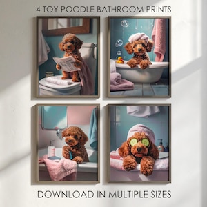 Könnte beinhalten: Vier gerahmte Drucke mit Toy-Pudeln in einem Badezimmer. Ein Druck zeigt einen Pudel, der eine Zeitung auf einer Toilette liest. Ein anderer zeigt einen Pudel in einer Badewanne mit einer Quietscheente. Die anderen beiden zeigen Pudel mit Spa-Behandlungen.