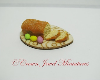 1:12 Sweet Easter Bread With Dyed Eggs on an Easter Egg cutting board by IGMA Artisan Robin Brady-Boxwell - Crown Jewel Miniatures