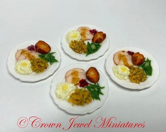 1:12 FOUR Plates of Thanksgiving or Christmas Holiday Turkey Dinner by IGMA Artisan Robin Brady-Boxwell - Crown Jewel Miniatures