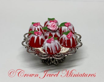 1:12 Red Velvet Valentine's Day Cakes On Filigree Cake Stand by Artisan Robin Brady-Boxwell - Crown Jewel Miniatures