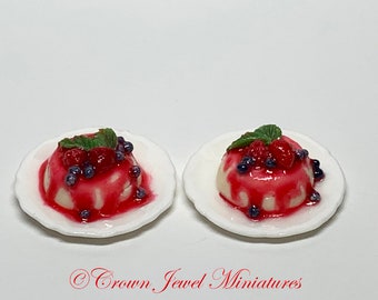 1:12 Two Plates Italian Panna Cotta w STRAWBERRY, Blueberries and Berry Sauce by IGMA Artisan Robin Brady-Boxwell - Crown Jewel Miniatures