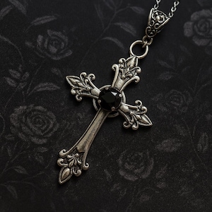 Gothic Cross Necklace: Antique Silver, Black Gemstone, Baroque Pendant