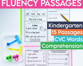 Kindergarten Decodable Reading Fluency Passages with Comprehension Questions CVC Worksheets
