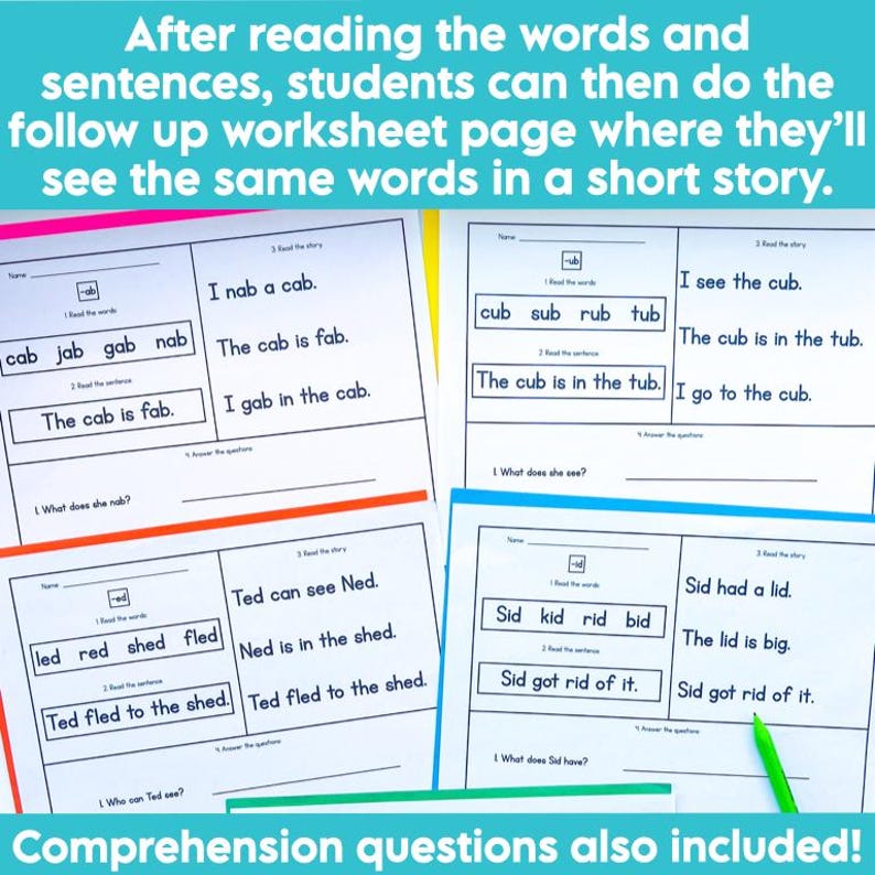 Nab Comprehension Short Vowel CVC Word Families Worksheets Bundle CVC Words Sentences ...