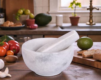 White Marble Grinder Bowl | Stone Mortar & Pestle | Kitchen Essential
