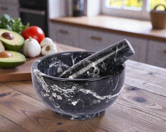 Stone Mortar & Pestle | Black Zebra Marble Grinder | Kitchen Essential