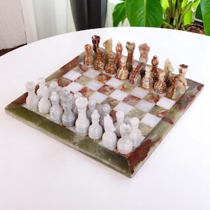 Chess Board Set | Unique Chess Set | Onyx Marble Chess Set | Onyx Green & White | Gift for Him